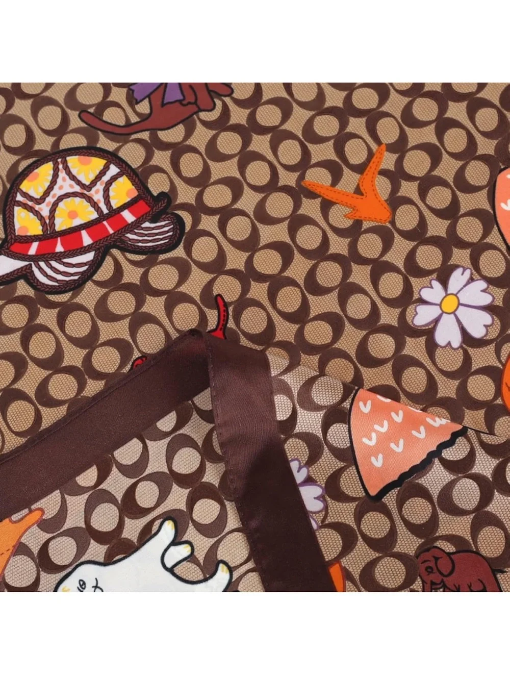 Designer Brown Patterned Silk Scarf with Multicolor Accents nwt 27” x 27”